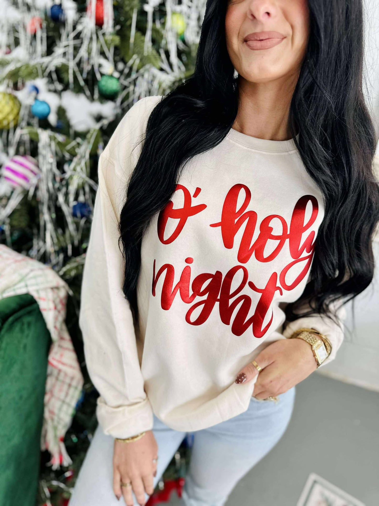 O' Holy Night Christmas Metallic Puff Sweatshirt