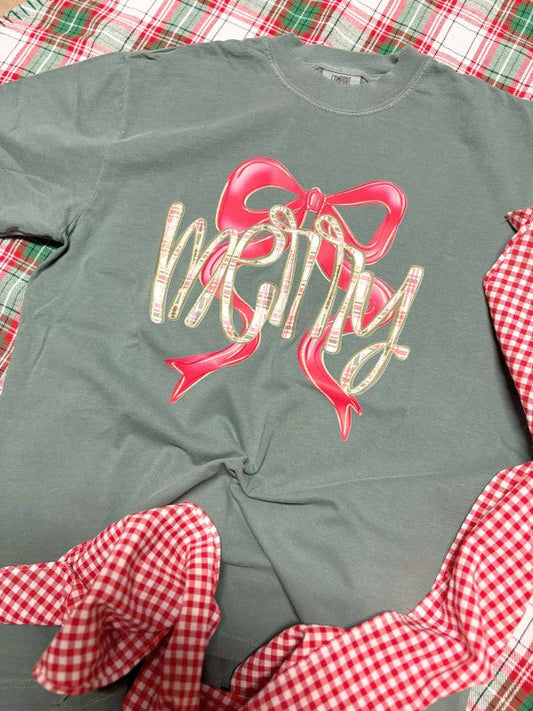 Big Coquette Bow Merry Plaid DTF Graphic Tee