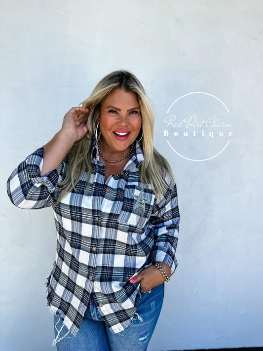 YOU'RE A STAR PLAID TOP - Navy & Black