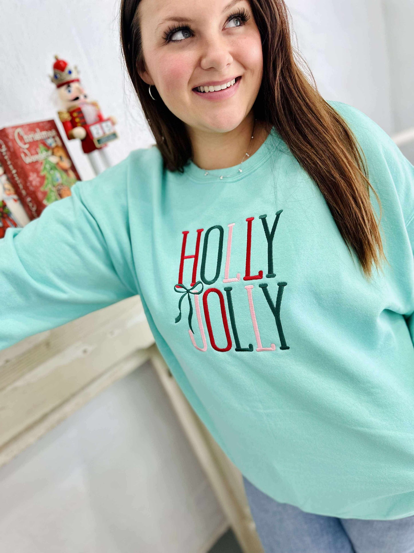 Holly Jolly Bow Embroidery Sweatshirt