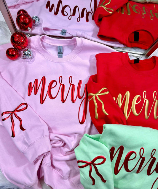 Merry Cursive Cute Bow Sleeve Metallic Puff SWSH