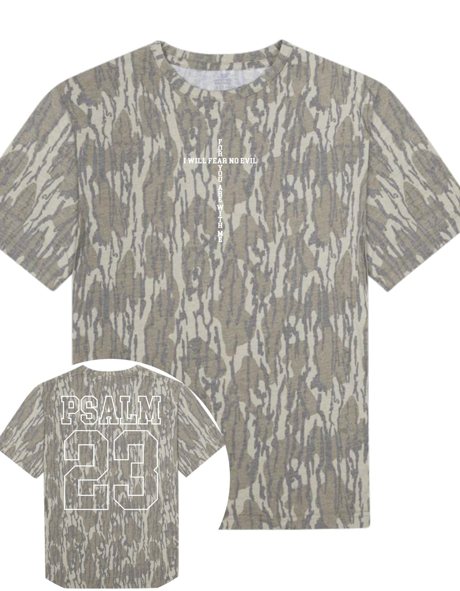 Bottomland Camouflage t-shirt with 'Psalm 28' DTF on a white background
