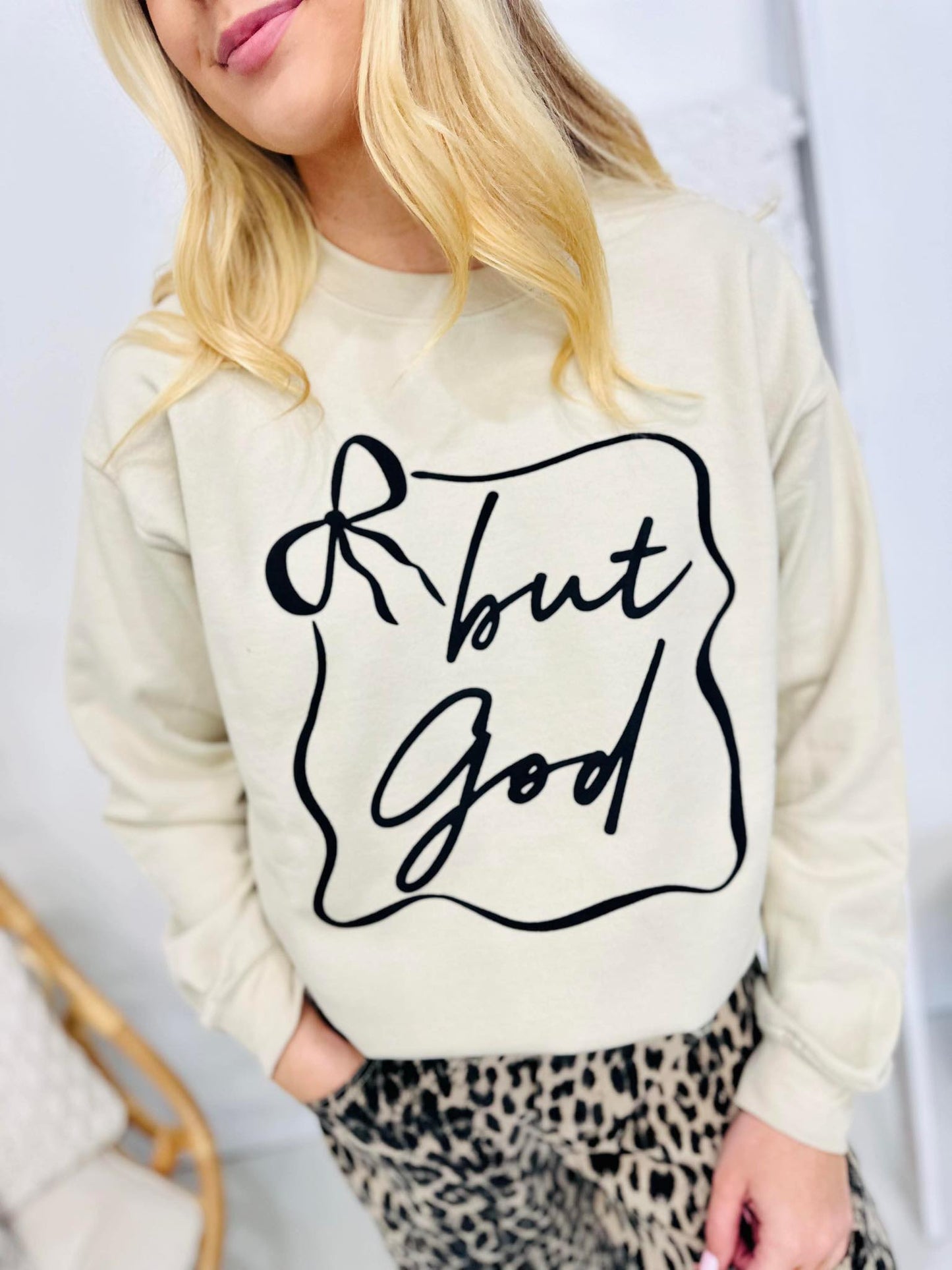 But God Black Bow Frame Puff Sweatshirt