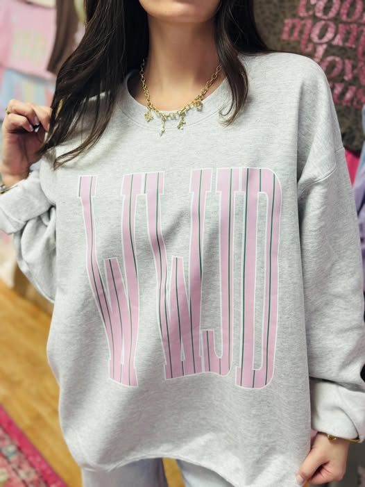 Gray sweatshirt with pink text worn by a person, with a colorful background.