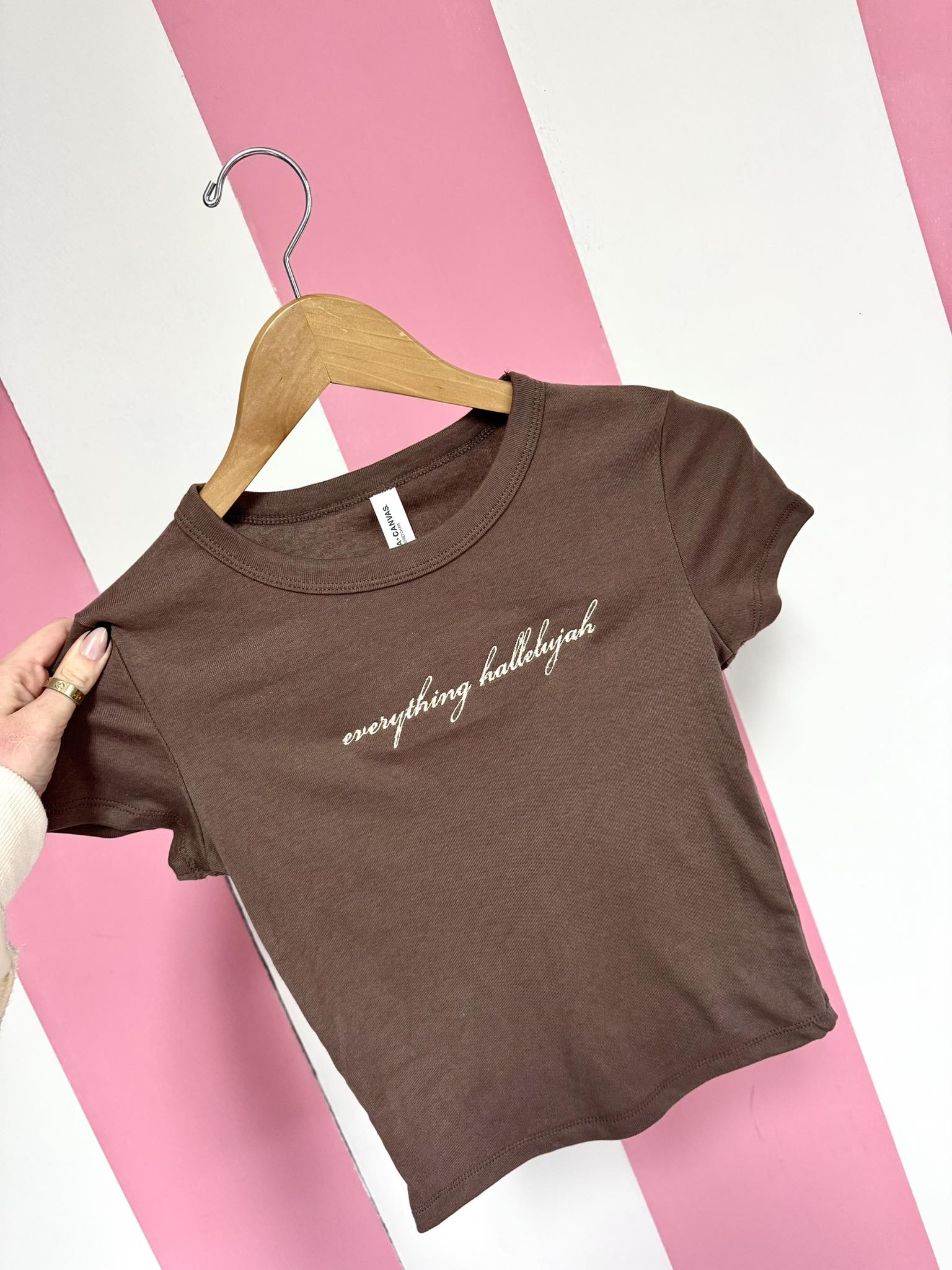 Brown t-shirt with 'everything hallelujah' text on a pink and white striped background
