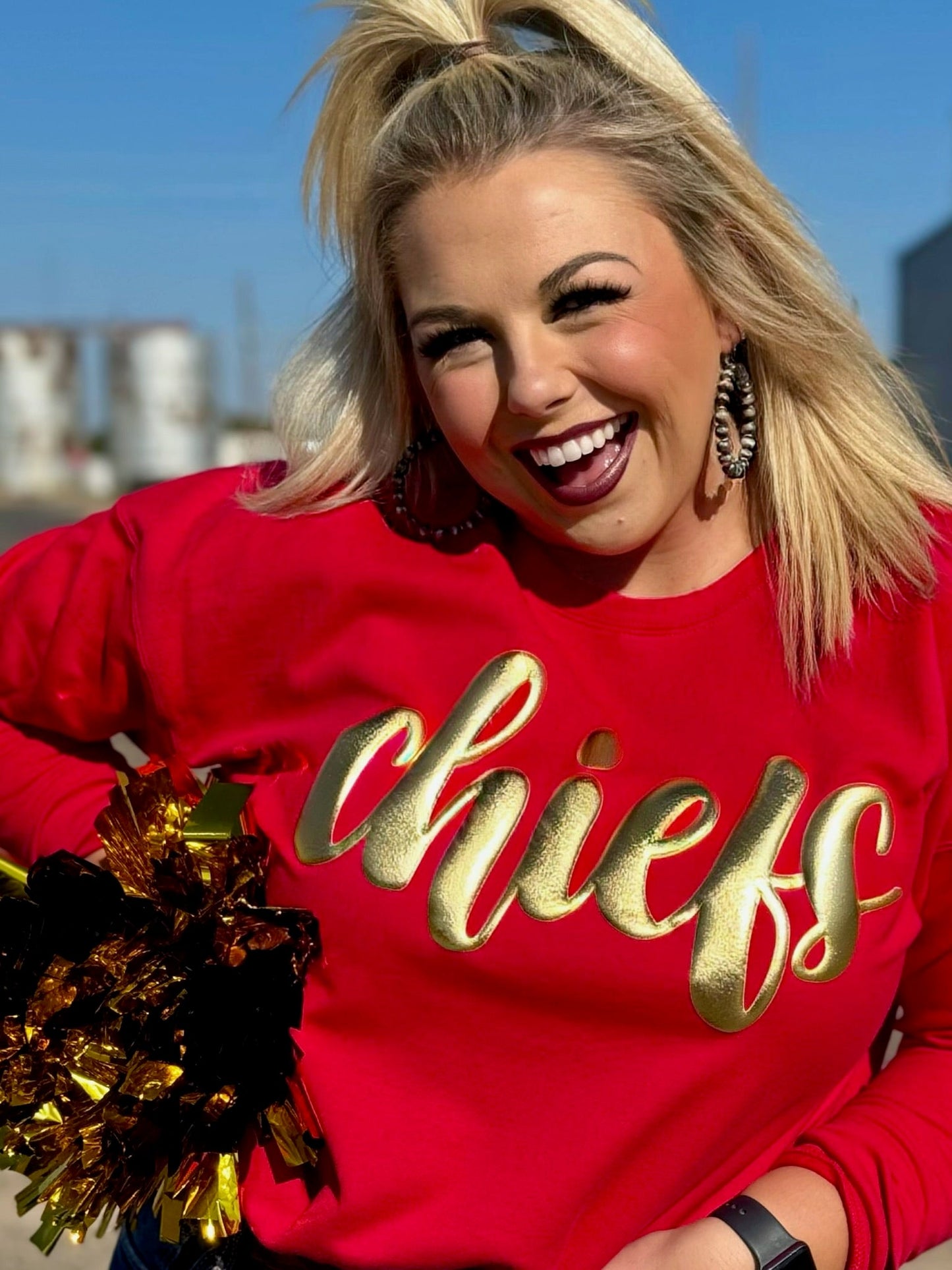 Chiefs in Metallic Gold Red Sweatshirt by Randi Mahomes