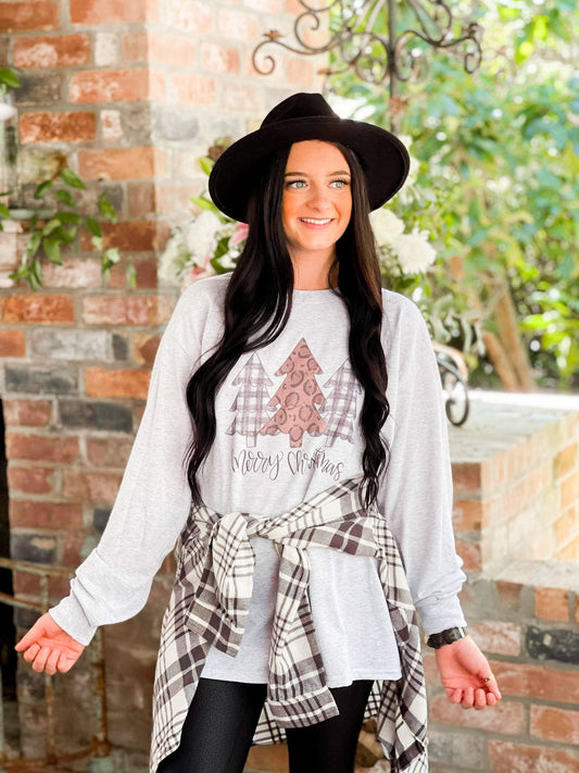 Plaid and Leopard Merry Christmas Trees Longsleeve